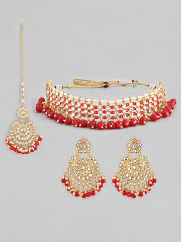 Rubans Gold-Toned & Red Kundan Studded Jewellery Set Jewellery Set