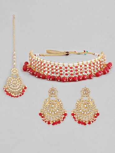 Rubans Gold-Toned & Red Kundan Studded Jewellery Set Jewellery Set