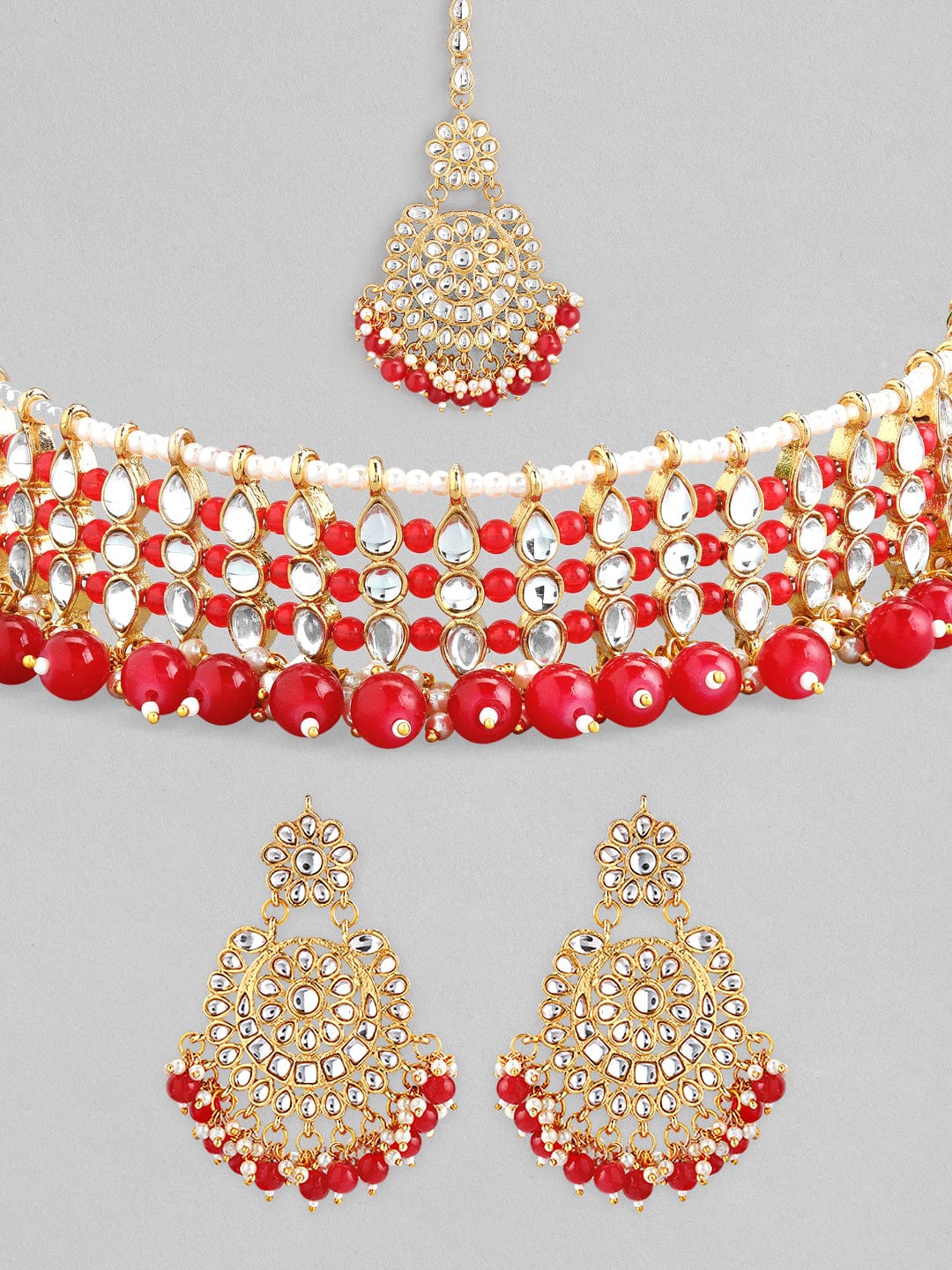 Rubans Gold-Toned & Red Kundan Studded Jewellery Set Necklace Set