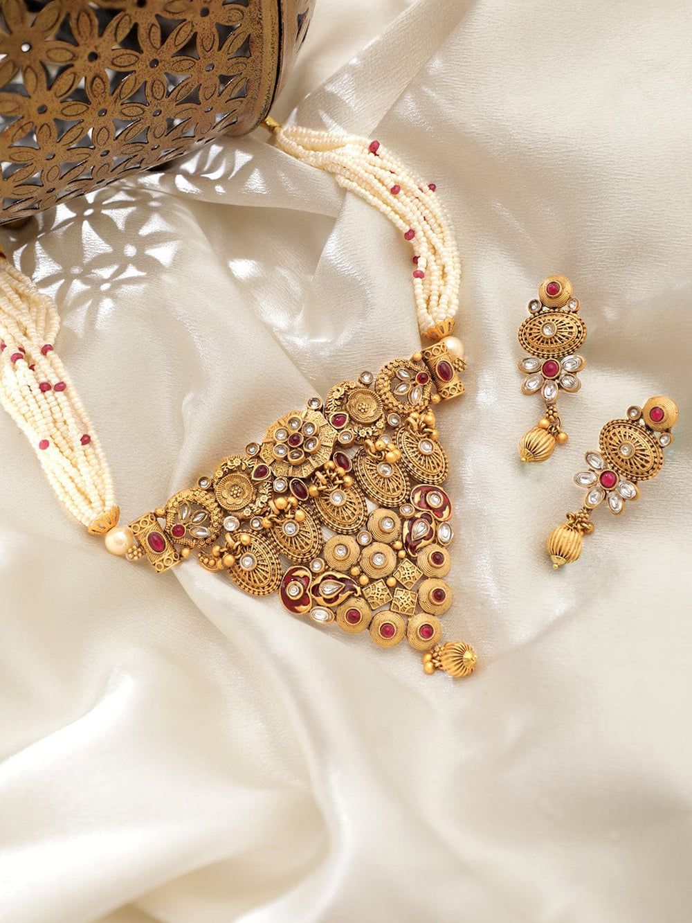 Rubans Gold toned Small White Beads Choker Set Jewellery Sets