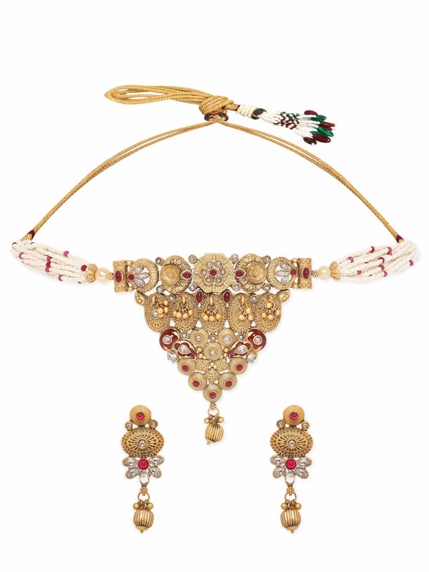 Rubans Gold toned Small White Beads Choker Set Jewellery Sets