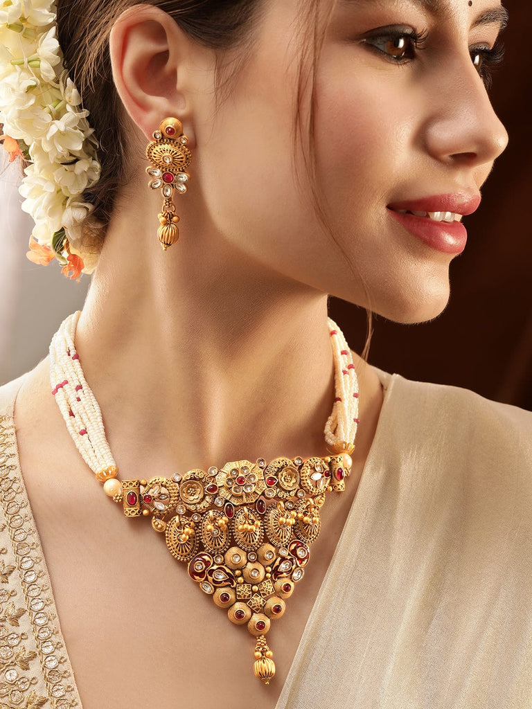 Rubans Gold toned Small White Beads Choker Set - Main Image