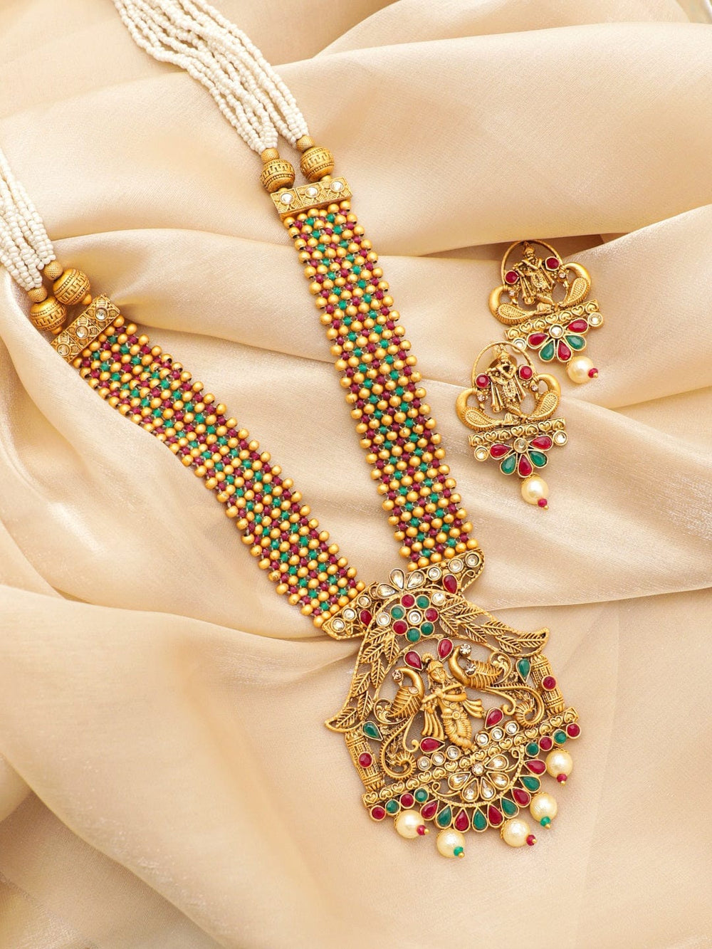 Rubans Gold-Toned Temple Jewellery Pendant Necklace Set with Multi-Colored Beads and Pearl Drops Jewellery Sets
