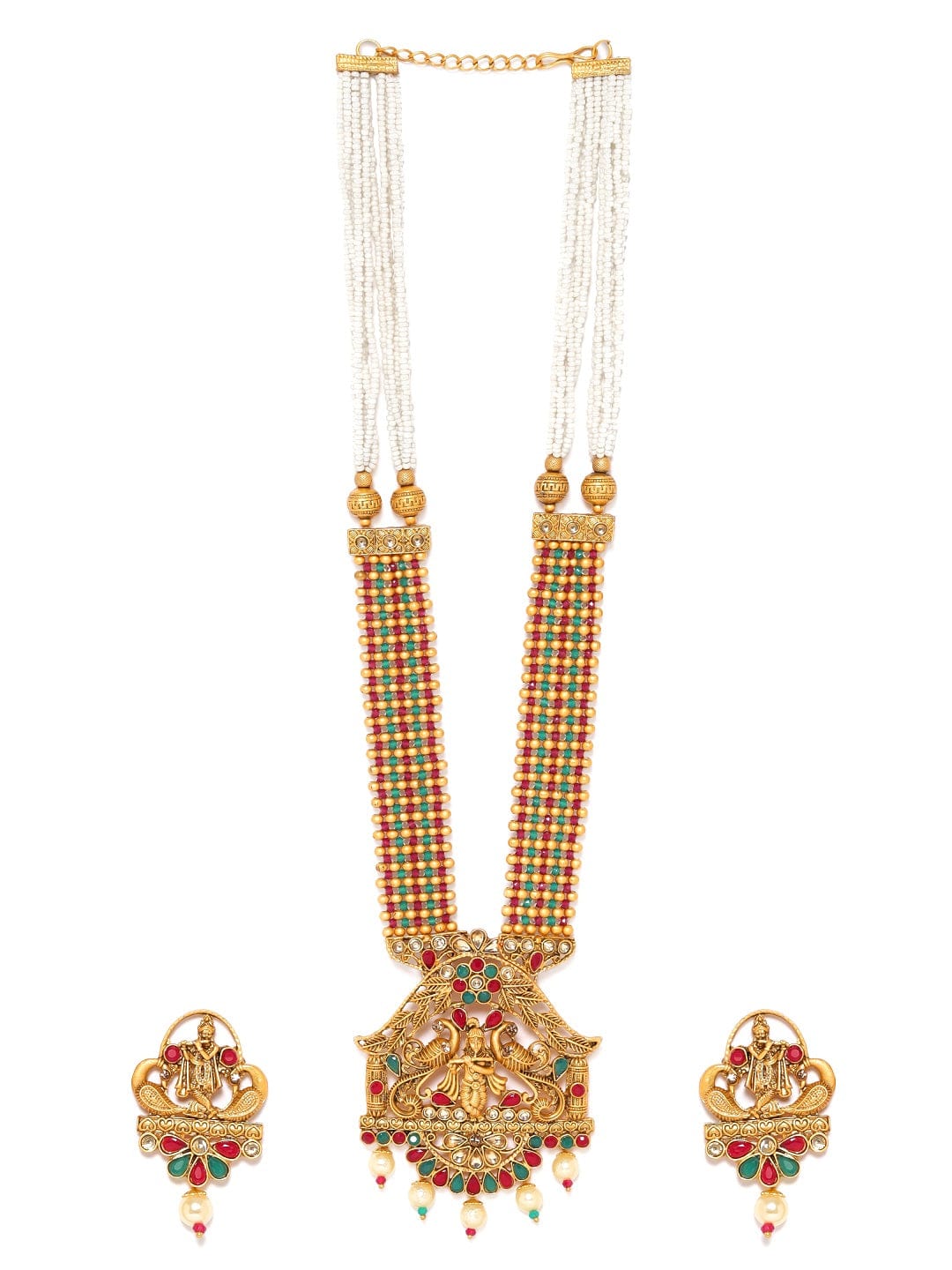 Rubans Gold-Toned Temple Jewellery Pendant Necklace Set with Multi-Colored Beads and Pearl Drops Jewellery Sets