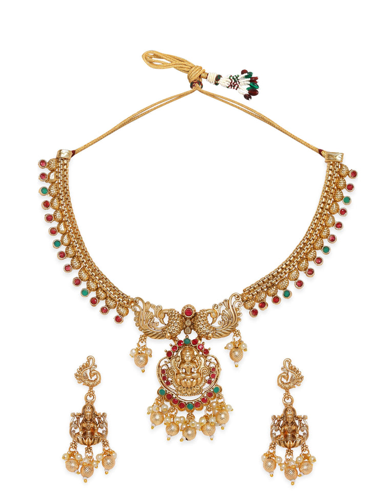 Rubans Gold-Toned Temple Necklace Set with Red and Green Tones Jewellery Sets
