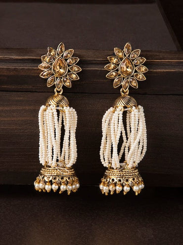 Rubans Gold-Toned & White Contemporary Jhumkas Earrings
