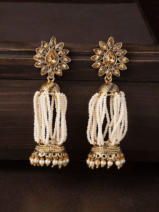 Rubans Gold-Toned & White Contemporary Jhumkas Earrings