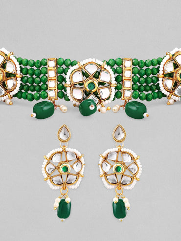 Rubans Gold-Toned White Kundan-Studded Green Beaded Jewellery Set Jewellery Set