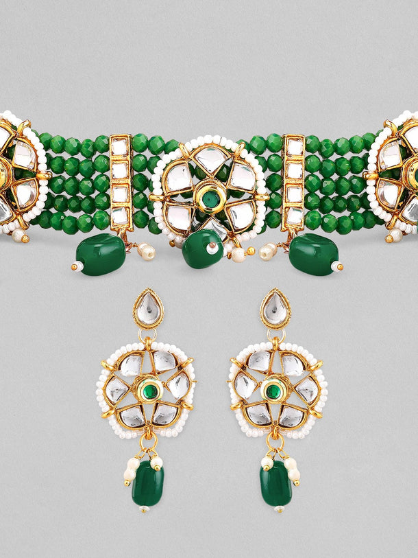 Rubans Gold-Toned White Kundan-Studded Green Beaded Jewellery Set Jewellery Set