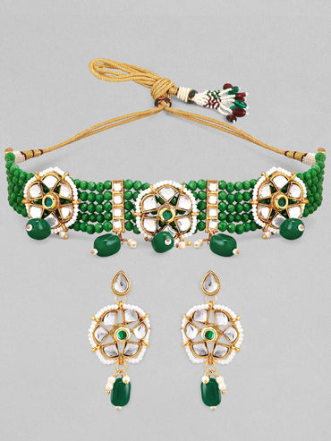 Rubans Gold-Toned White Kundan-Studded Green Beaded Jewellery Set Jewellery Set