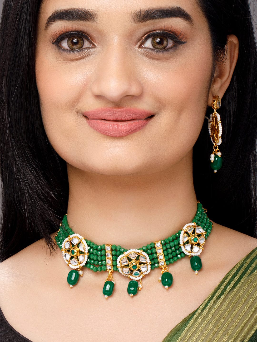 Rubans Gold-Toned White Kundan-Studded Green Beaded Jewellery Set Necklace Set