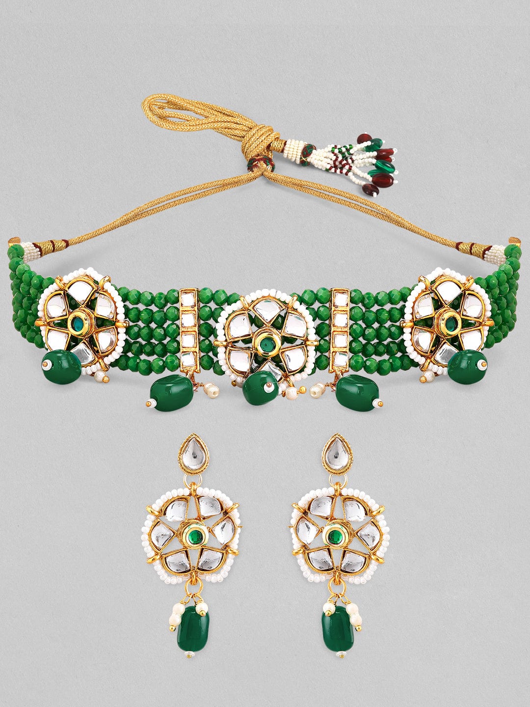 Rubans Gold-Toned White Kundan-Studded Green Beaded Jewellery Set Necklace Set