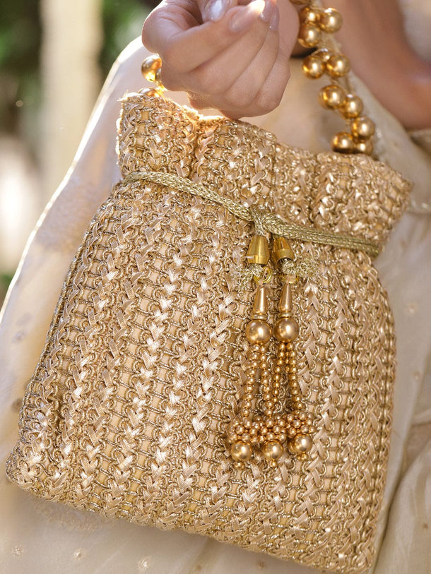 Rubans Gold-Toned Woven Metallic Potli Bag with Golden Bead Handle & Tassel Detailing Bags