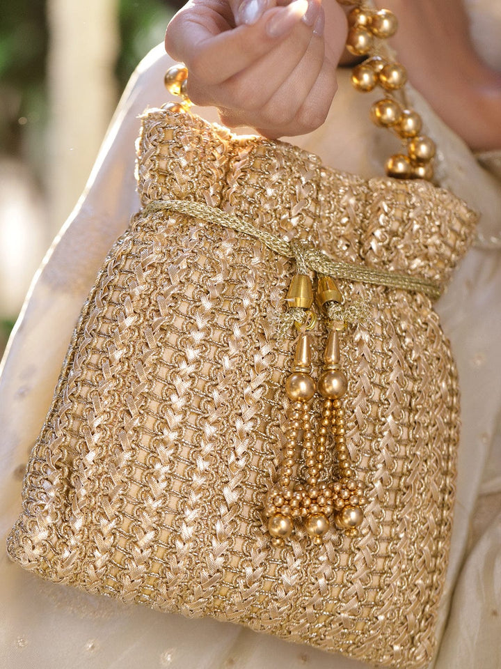 Rubans Gold-Toned Woven Metallic Potli Bag with Golden Bead Handle & Tassel Detailing Bags
