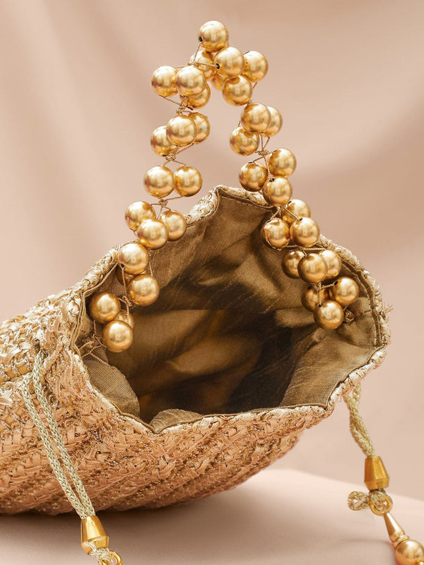 Rubans Gold-Toned Woven Metallic Potli Bag with Golden Bead Handle & Tassel Detailing Bags