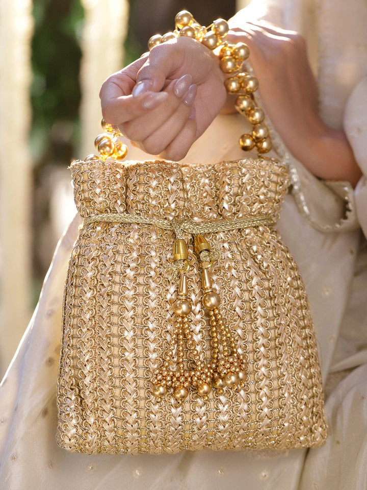 Rubans Gold-Toned Woven Metallic Potli Bag with Golden Bead Handle & Tassel Detailing Bags