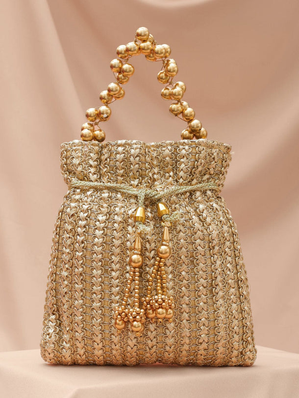 Rubans Gold-Toned Woven Metallic Potli Bag with Golden Bead Handle & Tassel Detailing Bags
