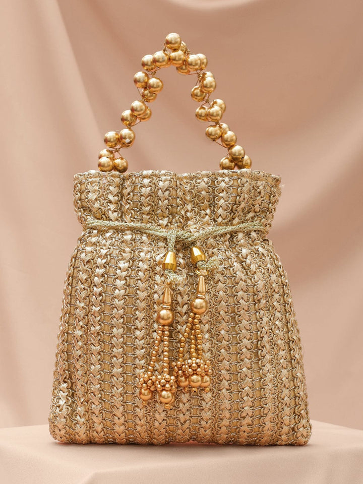 Rubans Gold-Toned Woven Metallic Potli Bag with Golden Bead Handle & Tassel Detailing Bags