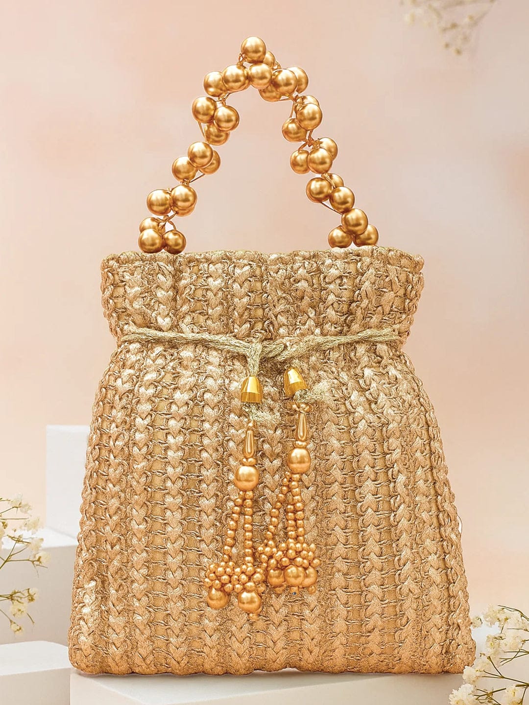 Rubans Gold-Toned Woven Metallic Potli Bag with Golden Bead Handle & Tassel Detailing Bags