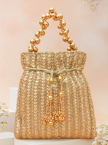 Rubans Gold-Toned Woven Metallic Potli Bag with Golden Bead Handle & Tassel Detailing Bags