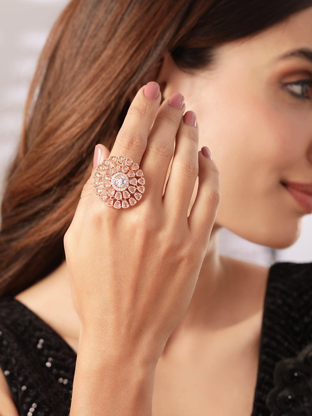 Rubans Gold Toned Zircon Stone Embellished Floral Ring Rings