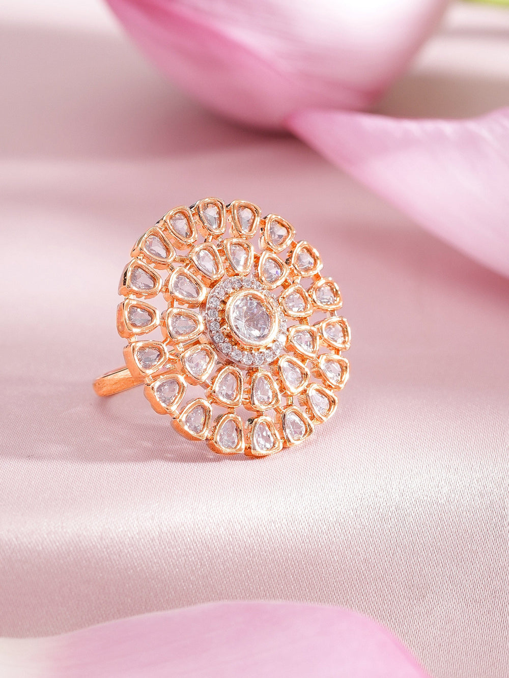 Rubans Gold Toned Zircon Stone Embellished Floral Ring Rings
