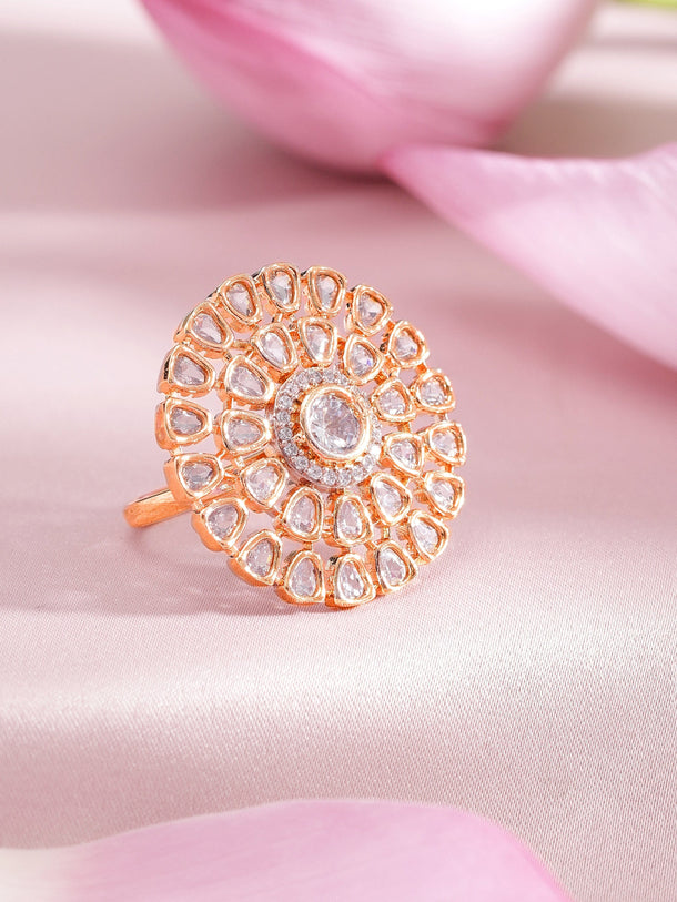 Rubans Gold Toned Zircon Stone Embellished Floral Ring Rings