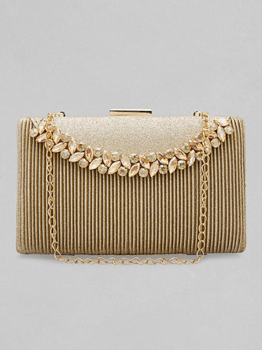 Rubans Golden Coloured Box Clutch With Studded American Diamonds Handbag & Wallet Accessories