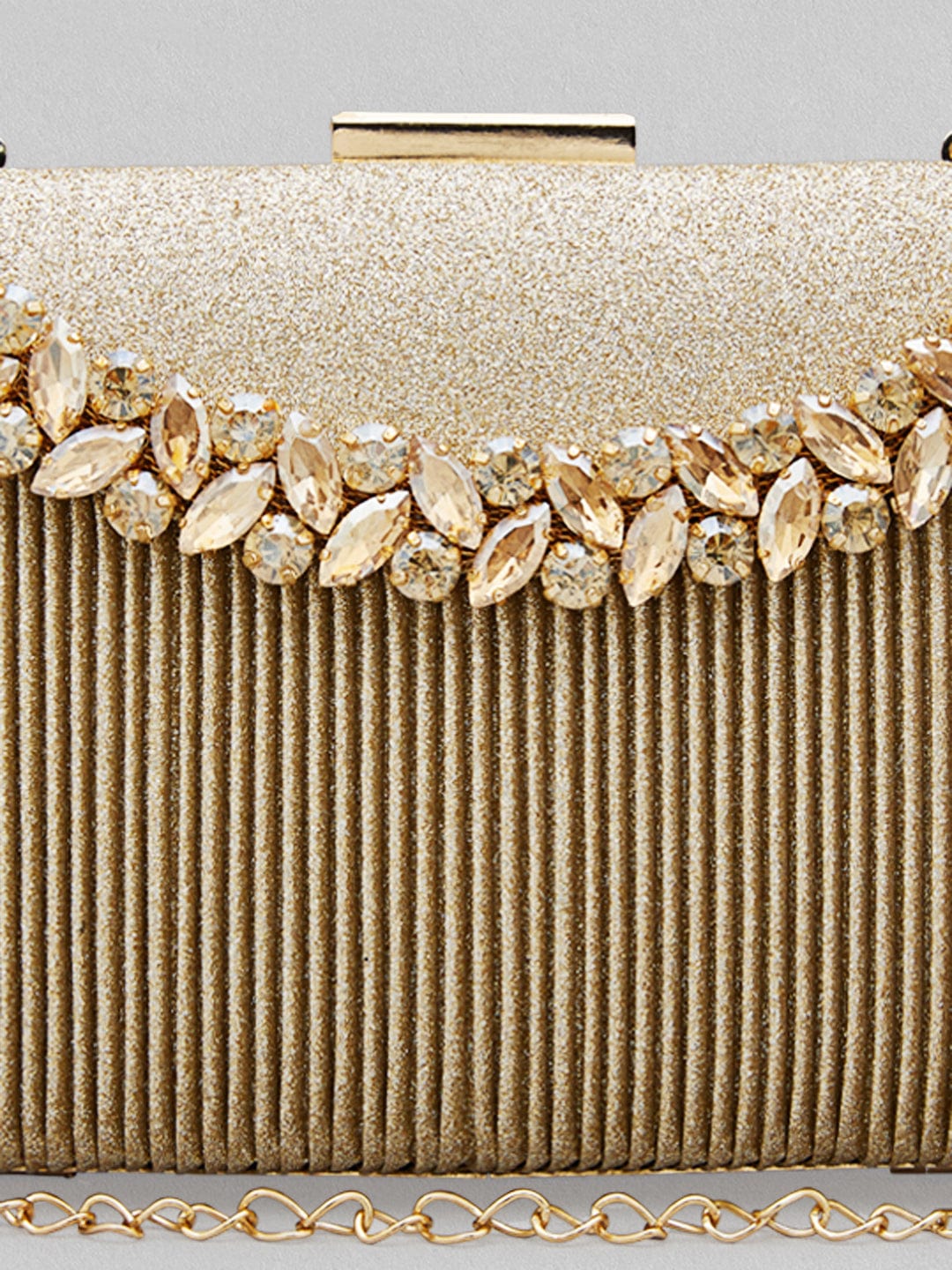 Rubans Golden Coloured Box Clutch With Studded American Diamonds Handbag & Wallet Accessories
