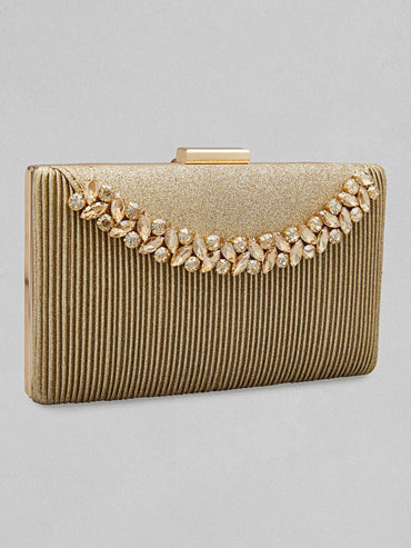 Rubans Golden Coloured Box Clutch With Studded American Diamonds Handbag & Wallet Accessories