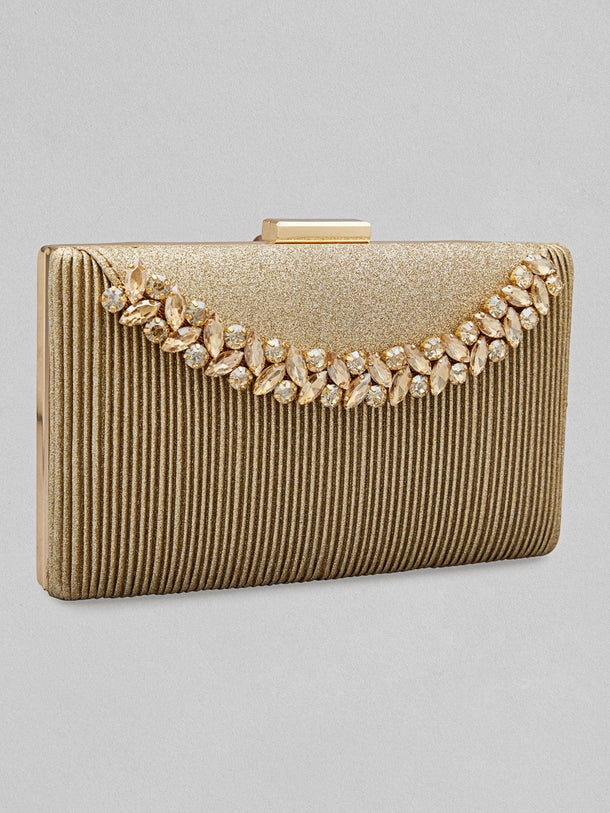 Rubans Golden Coloured Box Clutch With Studded American Diamonds Handbag & Wallet Accessories