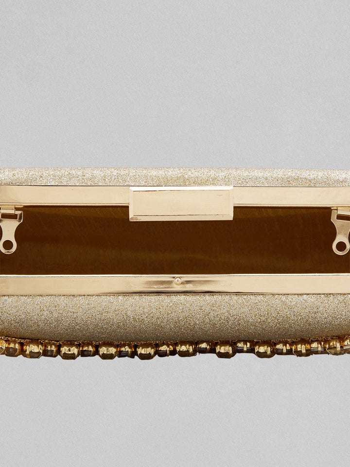 Rubans Golden Coloured Box Clutch With Studded American Diamonds Handbag & Wallet Accessories
