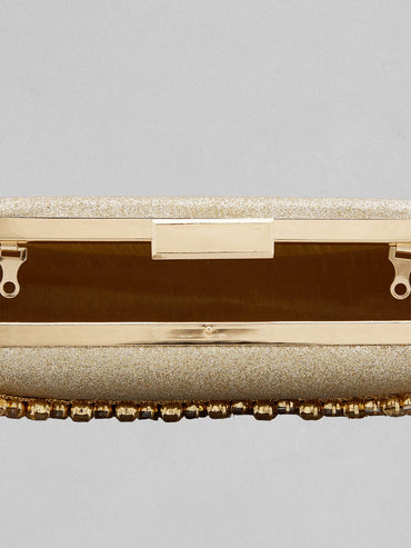 Rubans Golden Coloured Box Clutch With Studded American Diamonds Handbag & Wallet Accessories