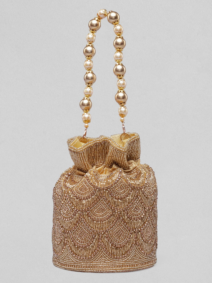 Rubans Golden Coloured Potli Bag With Golden Embroided Design. Handbag & Wallet Accessories