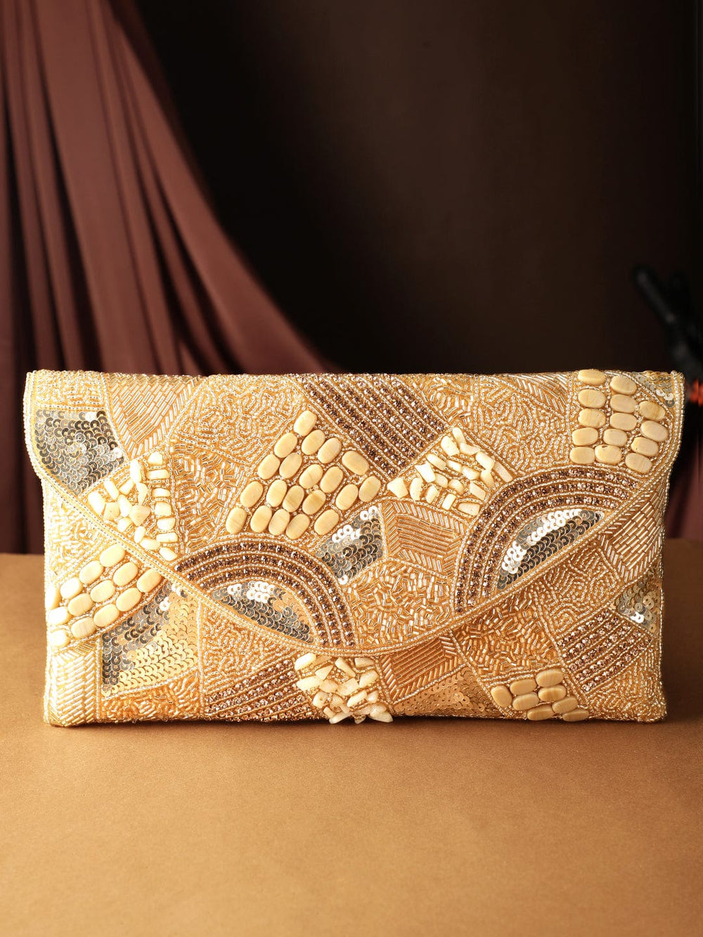 Rubans Golden Glamour Handcrafted Crystal Beaded Clutch with Gold Tone Embellishments Handbag, Wallet Accessories & Clutches