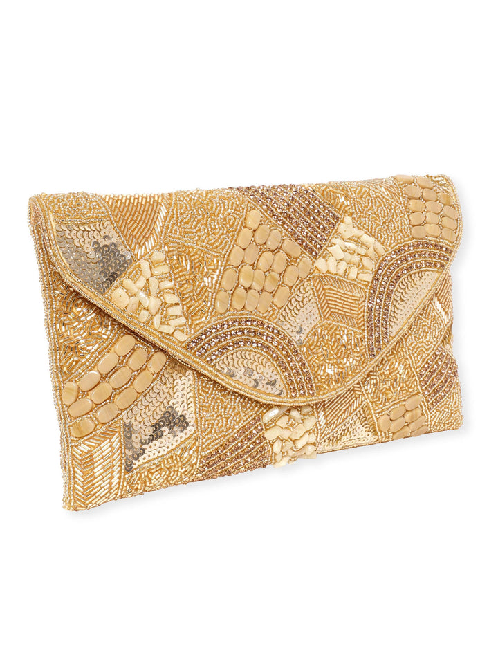 Rubans Golden Glamour Handcrafted Crystal Beaded Clutch with Gold Tone Embellishments Handbag, Wallet Accessories & Clutches