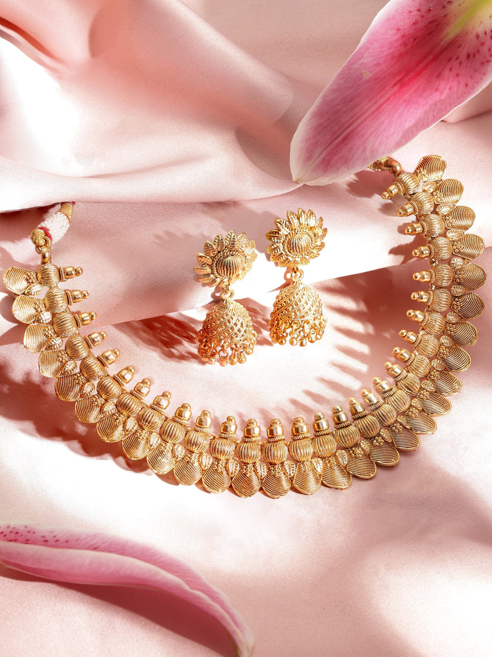 Rubans Golden Petals Luxurious 22k Gold-Plated Floral Necklace Set Necklaces, Necklace Sets, Chains & Mangalsutra