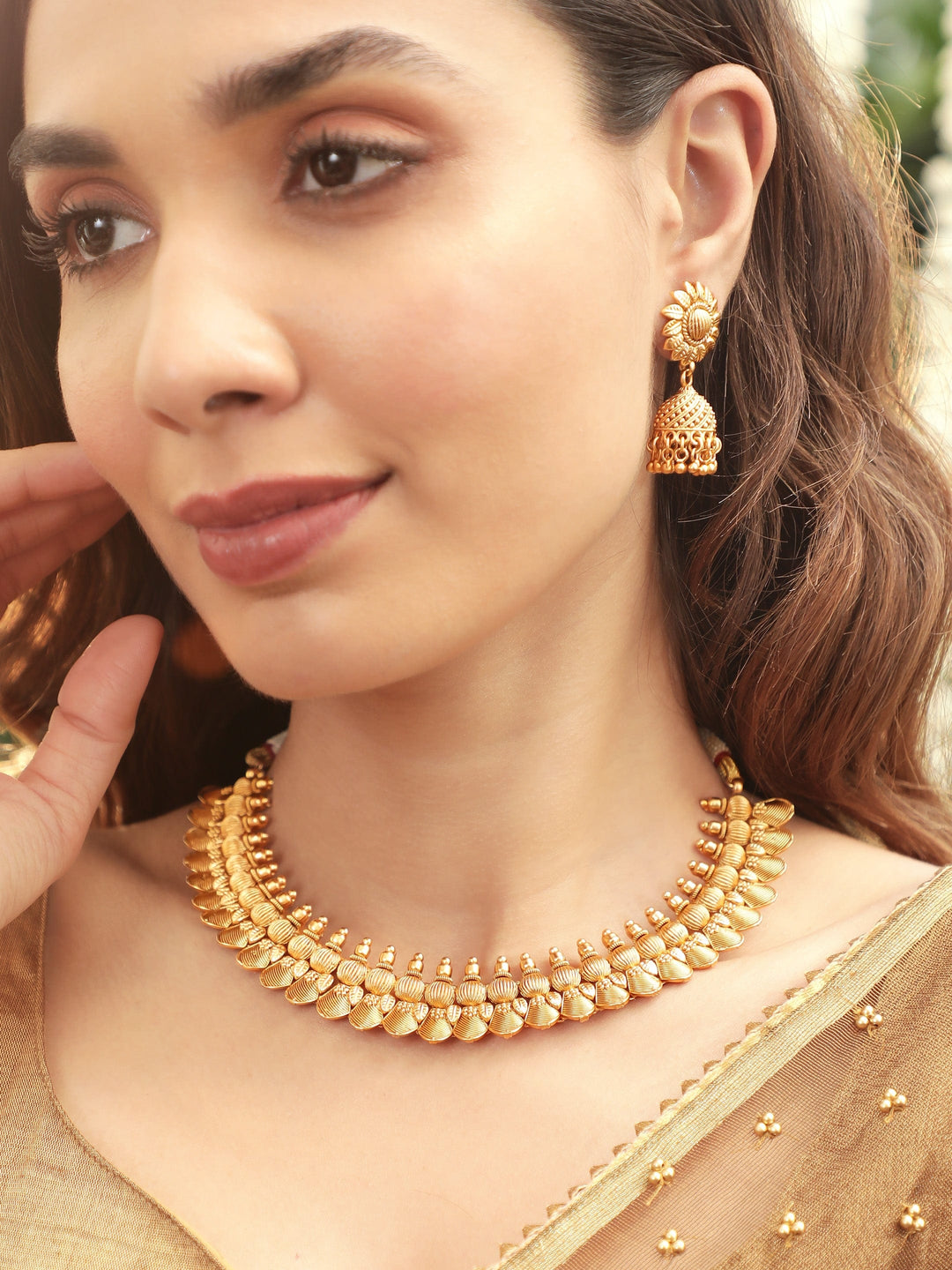 Rubans Golden Petals Luxurious 22k Gold-Plated Floral Necklace Set Necklaces, Necklace Sets, Chains & Mangalsutra