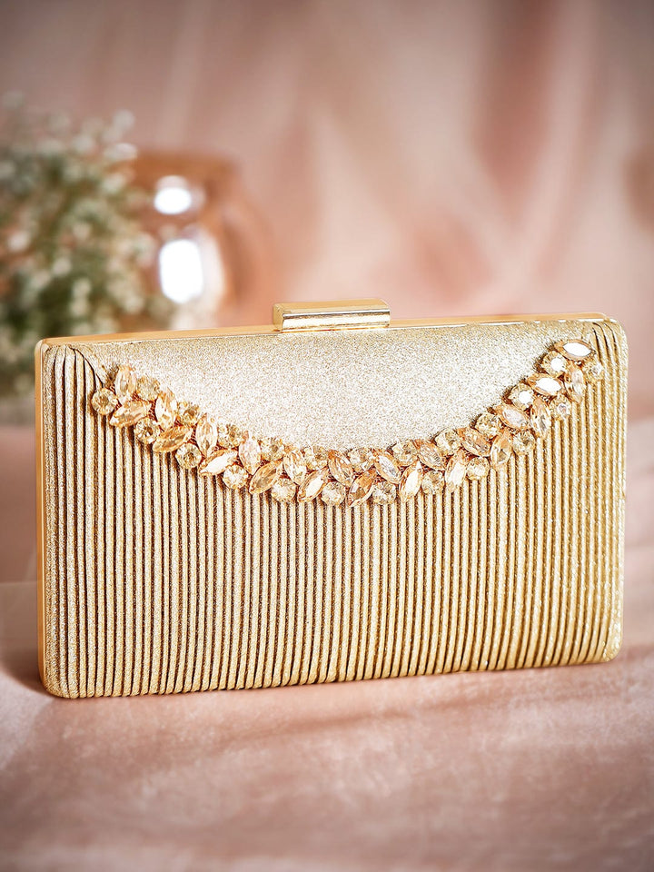 Rubans Golden-Tone Box Clutch Sling Bag Featuring American Diamonds Handbag, Wallet Accessories & Clutche