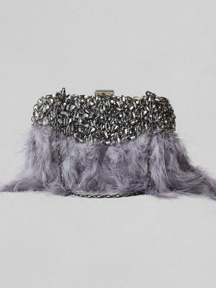 Rubans Grey Colour Clutch Bag With Studded Stone And Grey Fur. Handbag & Wallet Accessories
