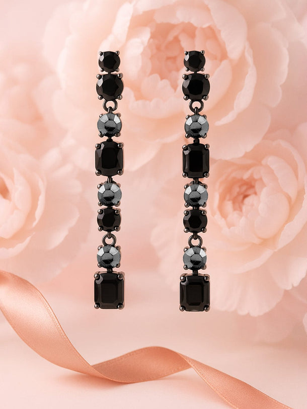 Rubans Gunmetal-Plated Black Zicronia Stone Long Dangle Earrings Earrings