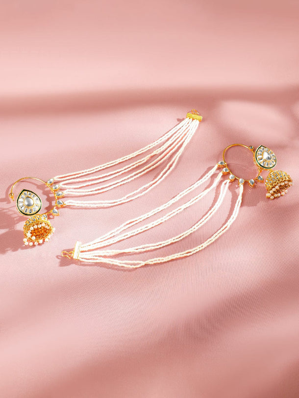 Rubans Handcrafted 22K Gold Plated Kundan & Pearl Multi-Strand Ear Cuff Jhumka Earring Earrings