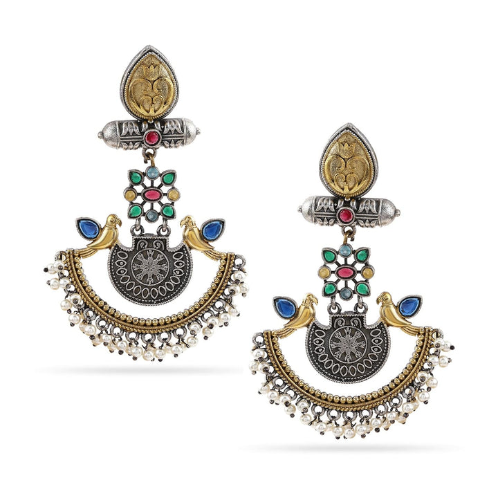 Rubans Handcrafted Dual-Tone Oxidised Silver & Gold Plated Bird Motif Chandbali Earrings with Pearl Beaded Drops Chandbali Earrings