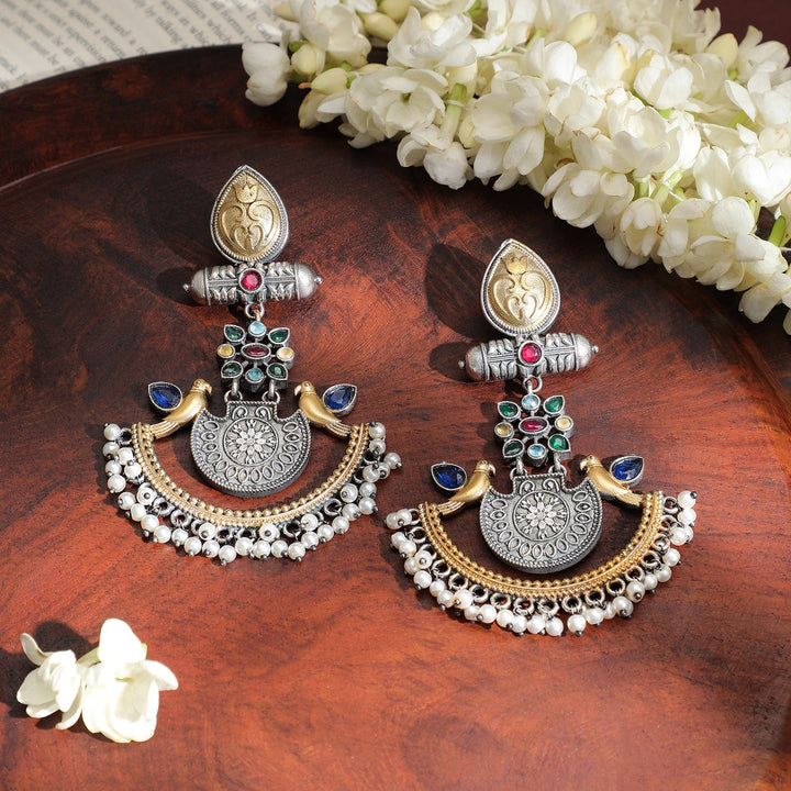 Rubans Handcrafted Dual-Tone Oxidised Silver & Gold Plated Bird Motif Chandbali Earrings with Pearl Beaded Drops Chandbali Earrings