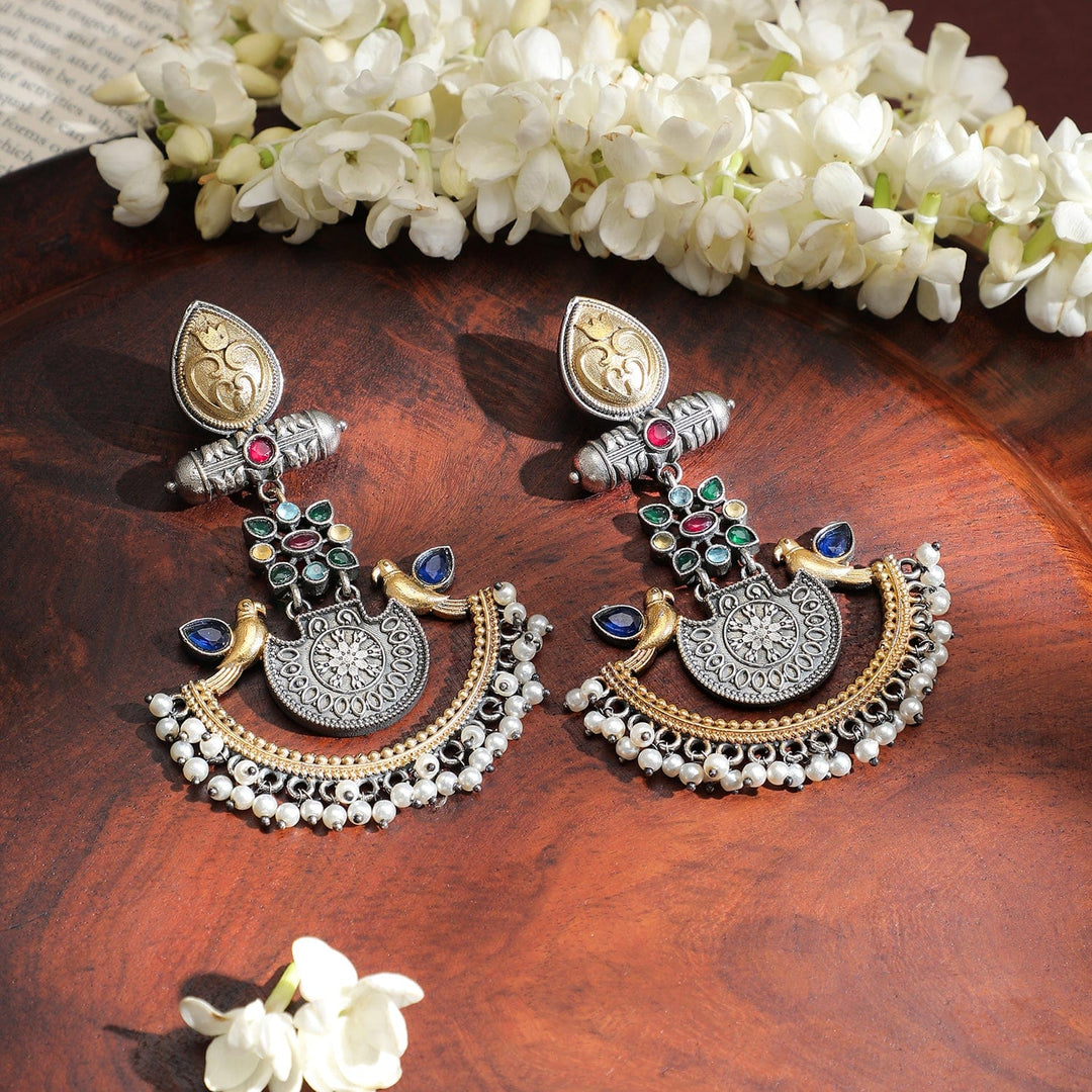 Rubans Handcrafted Dual-Tone Oxidised Silver & Gold Plated Bird Motif Chandbali Earrings with Pearl Beaded Drops Chandbali Earrings