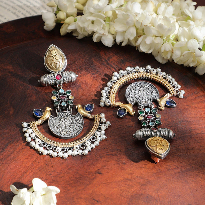 Rubans Handcrafted Dual-Tone Oxidised Silver & Gold Plated Bird Motif Chandbali Earrings with Pearl Beaded Drops Chandbali Earrings