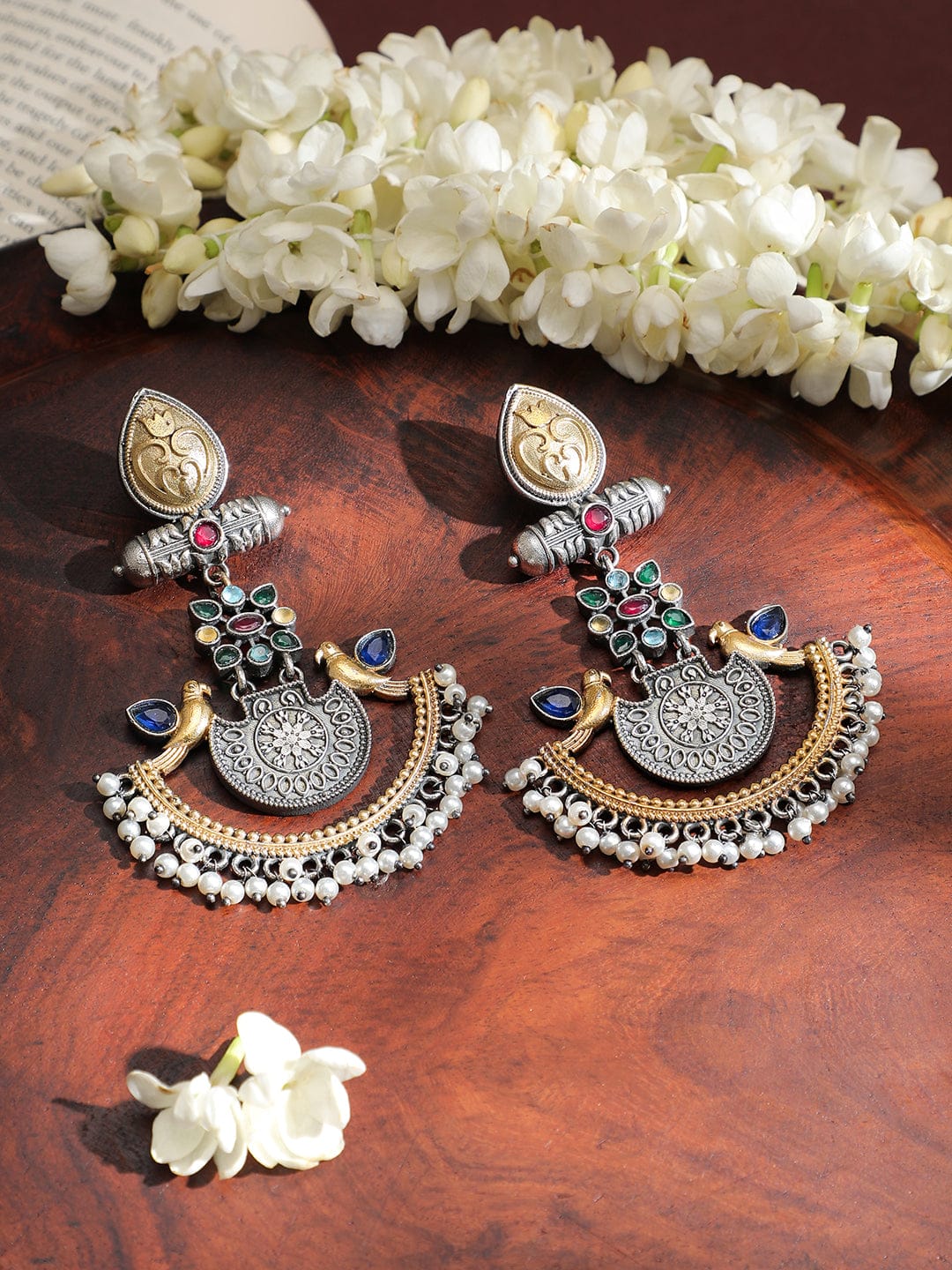 Rubans Handcrafted Dual-Tone Oxidised Silver & Gold Plated Bird Motif Chandbali Earrings with Pearl Beaded Drops Earrings