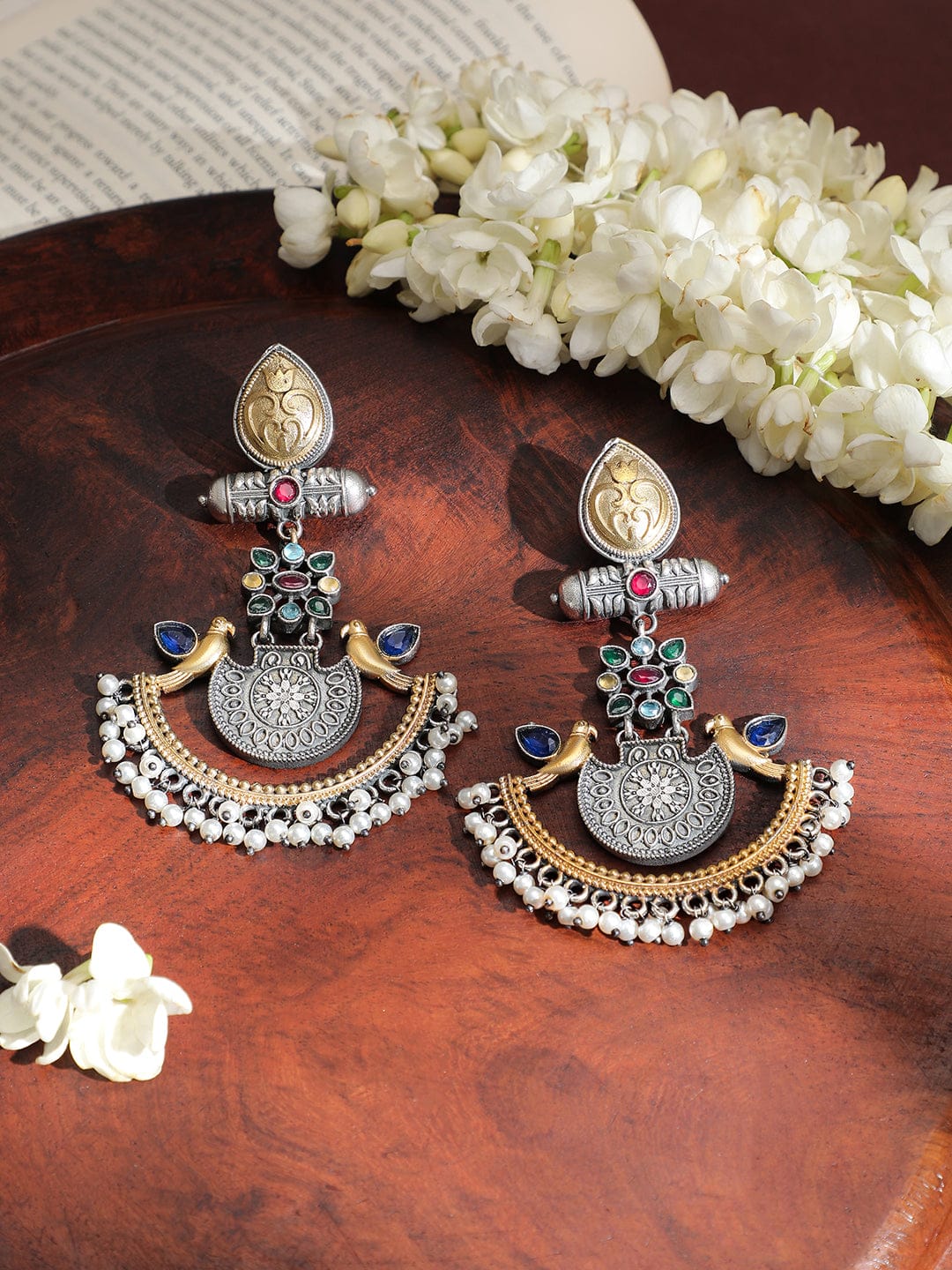 Rubans Handcrafted Dual-Tone Oxidised Silver & Gold Plated Bird Motif Chandbali Earrings with Pearl Beaded Drops Earrings