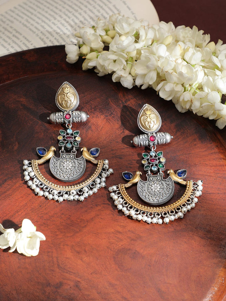 Rubans Handcrafted Dual-Tone Oxidised Silver & Gold Plated Bird Motif Chandbali Earrings with Pearl Beaded Drops Earrings