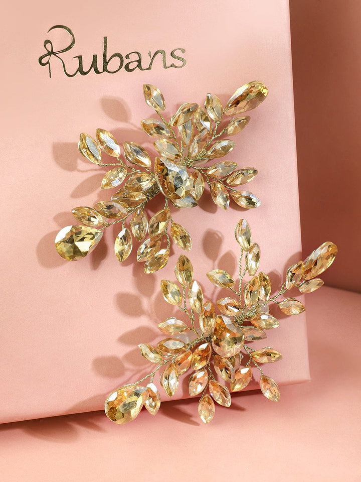 Rubans Handcrafted Golden & Silver Crystal Leaf Design Side Clip Hair Accessory Set of 2 for Women Head Jewellery